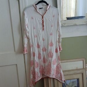 Elegant White and Red Midi Dress Super Soft Cotton